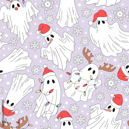 Retro Whimsical Spooky Halloween Christmas Fusion Vector Seamless Pattern with Sheet Ghost Snowmen in Santa hat, Garland Wrapped Ghost with Reindeer Antlers. Ideal for alternative holiday wrapping