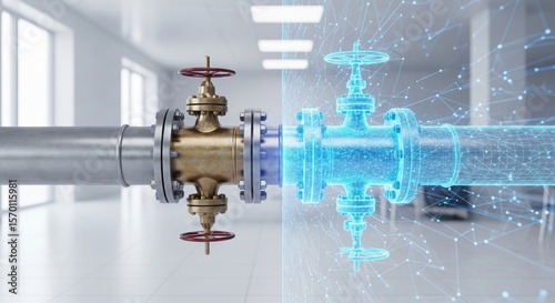 Digital twin of an industrial pipeline with valve shown as a holographic wireframe in a futuristic 3d render
