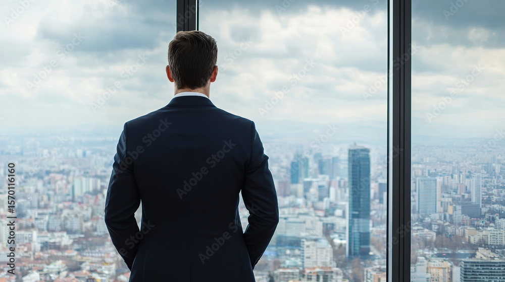 Fototapeta premium Businessman overlooking a vast city from a high-rise office, leadership, vision
