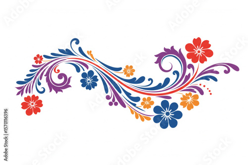 Elegant floral scrollwork element features a vibrant, colorful botanical flourish, perfect for adding a touch of nature to your creative projects.