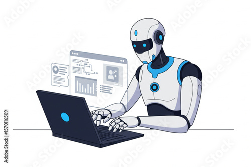 An animated robot works on a laptop, analyzing data shown on a screen; the design represents artificial intelligence and technology.
