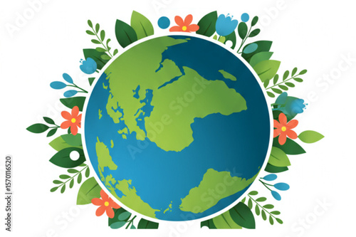 Go green graphic displaying our earth planet surrounded with floral and leafy elements conveying an ecological message.