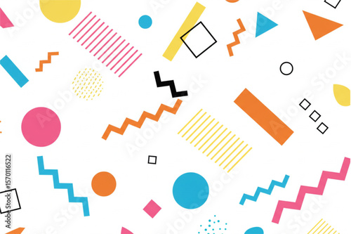 Vibrant memphis pattern featuring geometric shapes and colorful elements, perfect for modern designs and retro-themed backgrounds.