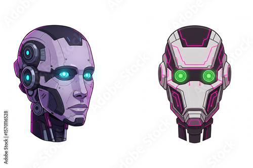 Distinct robot heads showcase futuristic technology and sleek robotic design elements, perfect for science fiction and artificial intelligence themes.