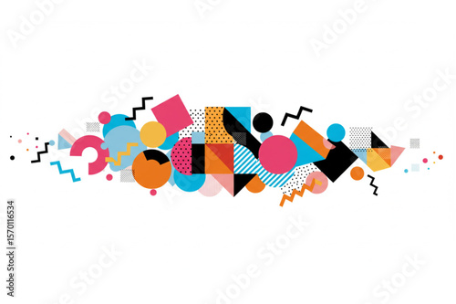 Dynamic composition featuring playful geometric shapes creating a vibrant and eye-catching abstract graphic element for modern designs.