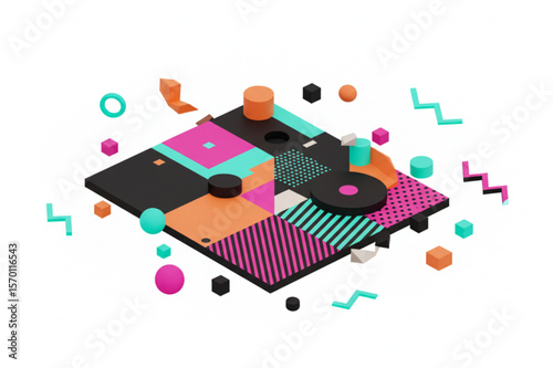 Geometric pattern design features vibrant shapes and colors perfect for backgrounds, posters, branding and eye-catching digital designs.