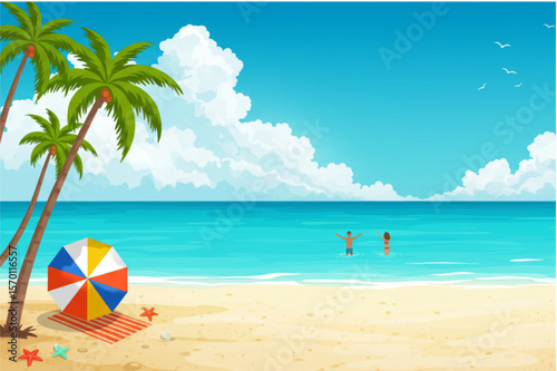 Summer beach scene features palm trees, ocean, and beach accessories ideal for vacation-themed designs and creating graphics.