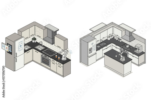 Isometric smart kitchen designs showcase modern appliances, robotic arms, and interconnected devices for a futuristic living space.