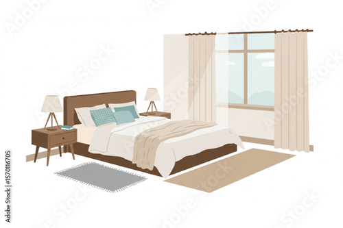 Serene bedroom interior art showcasing a comfortable bed, nightstands, lamps, window and cozy rugs for interior design applications.