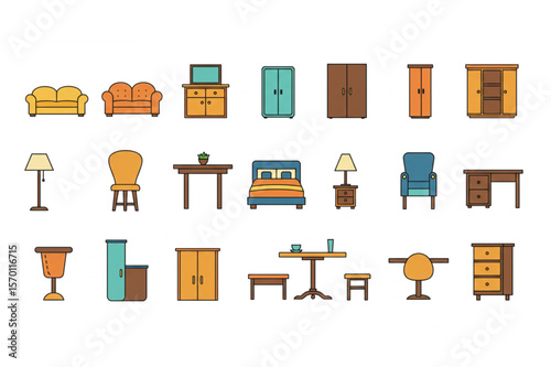 A furnishing graphic offering sofas, beds, tables, chairs, wardrobes, and lamps ideal for interior design projects or furniture store promotions.