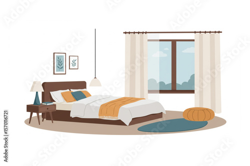 A serene bedroom scene displays a comfortable bed, a sunny window view, and cozy interior d�cor, perfect for design projects and branding.