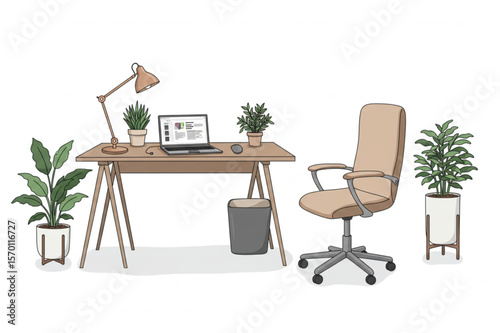 Cozy home office setup with desk, computer, lamp, chair, and plants creating an inviting workspace perfect for designers.