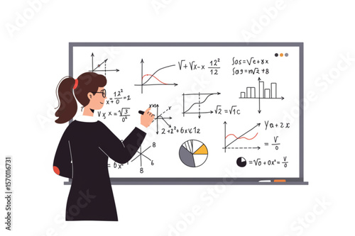 A cartoon teacher at the whiteboard, filled with mathematical equations and graphs, ideal for educational materials and back to school themes.