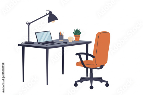 Comfortable workspace graphic with a desk, laptop, and orange chair, suitable for office themes and flexible work designs.