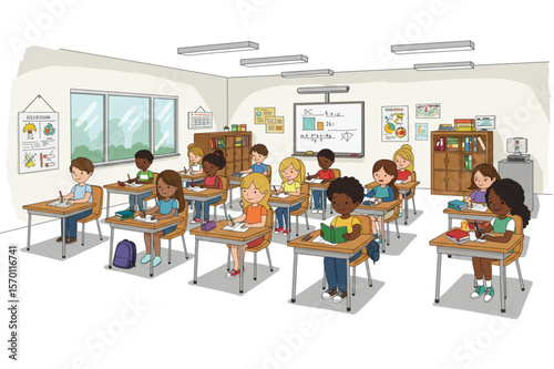 A classroom scene with diverse students learning and studying at their desks, suitable for educational materials or school-themed projects.