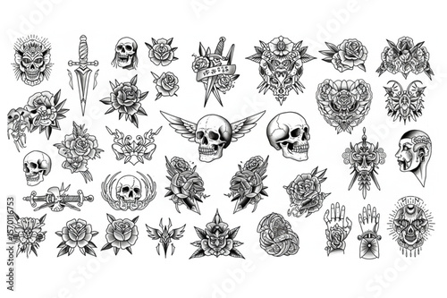 Tattoo flash sheet design showcasing traditional skull, rose, dagger, and winged skull elements, ideal for tattoo parlors or custom artwork.