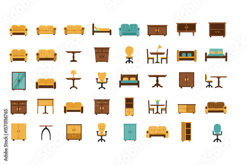 Collection of furniture elements presents a complete set of home furnishings for interior decoration projects and graphic design needs.