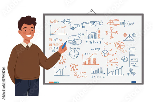 Depicts a teacher with whiteboard full of data graphs and charts, suitable for educational materials or business presentations.