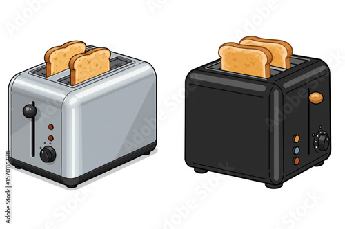 Toasters in silver and black, perfect kitchen appliances for breakfast, great for icons, menus, and food product design.