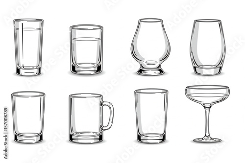 Elegant collection of glassware featuring drinkware, perfect for menu design or bar related graphic needs, offering a stylish and versatile set.