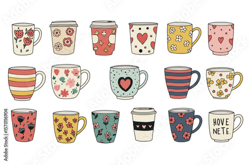 Quirky and colorful cups create an eye-catching design element, ideal for use in textile prints, kitchen decor or themed backgrounds.