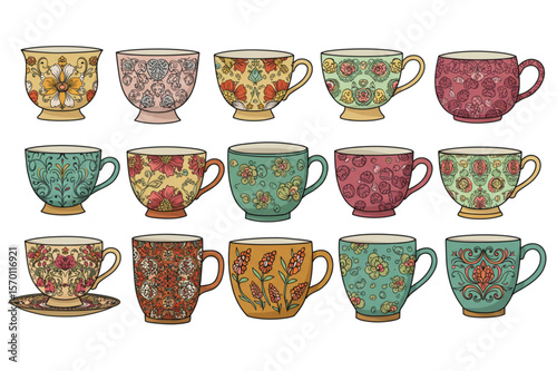 Delightful assortment of patterned teacups offers a charming design element, ideal for various print or digital creative projects.