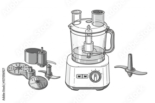 A line art graphic shows a food processor appliance, suitable for culinary design, menu icons, or kitchen appliance diagrams.