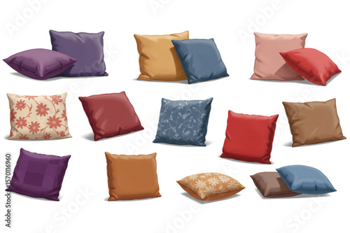 Display of vibrant cushions with unique designs, perfect for home decor accents and adding comfortable, stylish touches to any interior space.