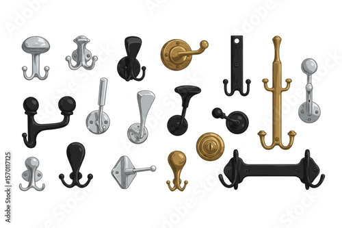 Elegant coat hooks collection, displaying a variety of styles ideal for home decor projects and organization in interior designs.