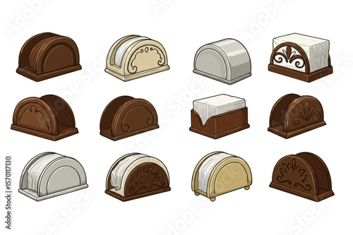 Assorted napkin holder set showcasing diverse styles and materials, perfect for culinary, restaurant, or home decor design elements.