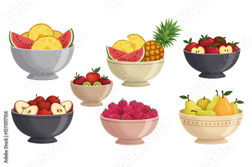 Colorful fruit bowls filled with healthy produce create a refreshing and vibrant design element, perfect for promoting healthy eating and wellness.