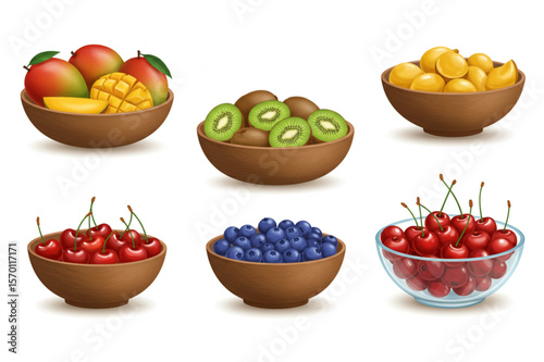 Appetizing assortment featuring bowls filled with vibrant cherries, mango, blueberries, kiwi, and golden berries for various design projects.