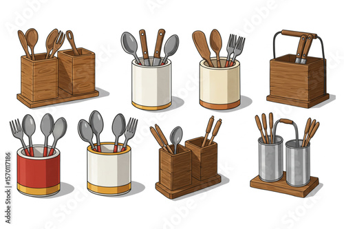 Attractive kitchenware collection showcasing utensil holders for forks, spoons, knives, and cooking tools in a variety of styles and materials.