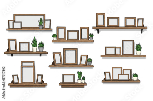 Display your cherished memories with this set of shelves, adorned with picture frames and potted plants, perfect for home decor.