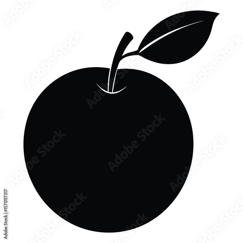 Nectarine Fruit Vector Silhouette with Stem on White Background Illustration