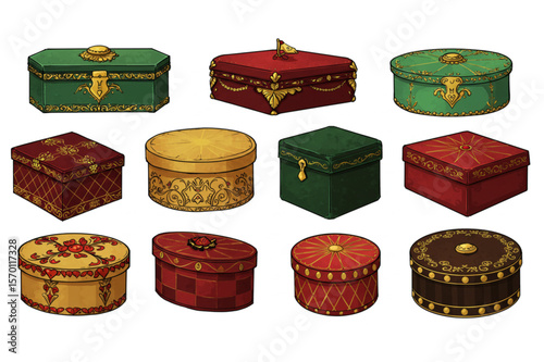 Graceful assortment of decorative boxes, a captivating collection ideal for packaging designs, gifts, and artistic projects requiring a touch of elegance.