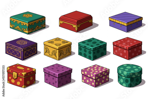 Collection of ornate gift boxes with various colors and designs perfect for presents, storage, or decorative elements in projects.