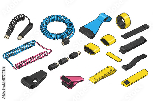 An assorted collection of coiled leashes and loop fasteners in various colors for gear, useful in outdoor activities or securing tools.