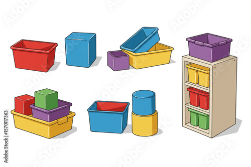 Colorful storage containers and geometric solids create an organized and playful setting for kids' rooms or learning spaces.