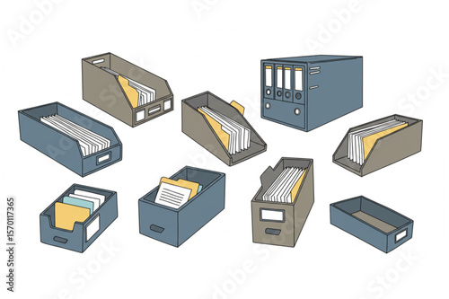Organize and archive with this desk organizers composition, perfect for file management and office stationery supply projects.