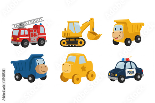 Cheerful cartoon construction vehicles set, perfect for kids' designs and educational resources, featuring firetruck, excavator, dump truck, and police car.