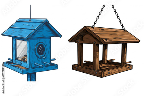 Depicts two charming bird feeders, one in blue and one in brown wood, perfect for nature lovers and backyard decoration themes.