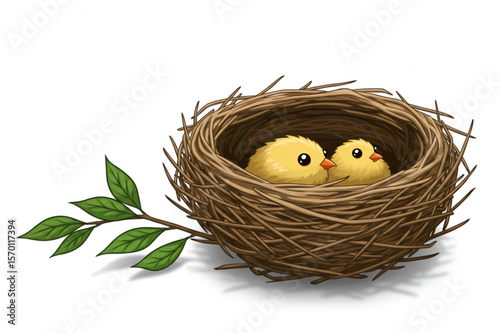 Two cute chicks in a bird nest sitting on a tree branch, ideal for children books or spring season designs