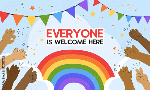 All Are Welcome Here. LGBT safe space Rainbow colored flags, hands of different colors. Everyone is welcome here. Message of kindness, equality, respect and belonging. Promoting pride, diversity and i