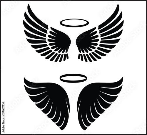 Angel Wings with Halo Icons Set - Vector Collection of Black Heavenly Symbol Illustrations