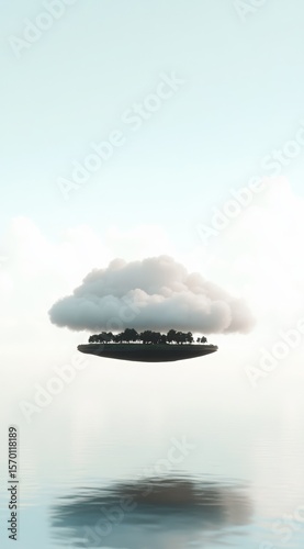 Surreal floating island with a cloud hovering above it, reflected on calm water under a pastel sky. A dreamy, minimal scene evoking fantasy, isolation, and peaceful imagination.