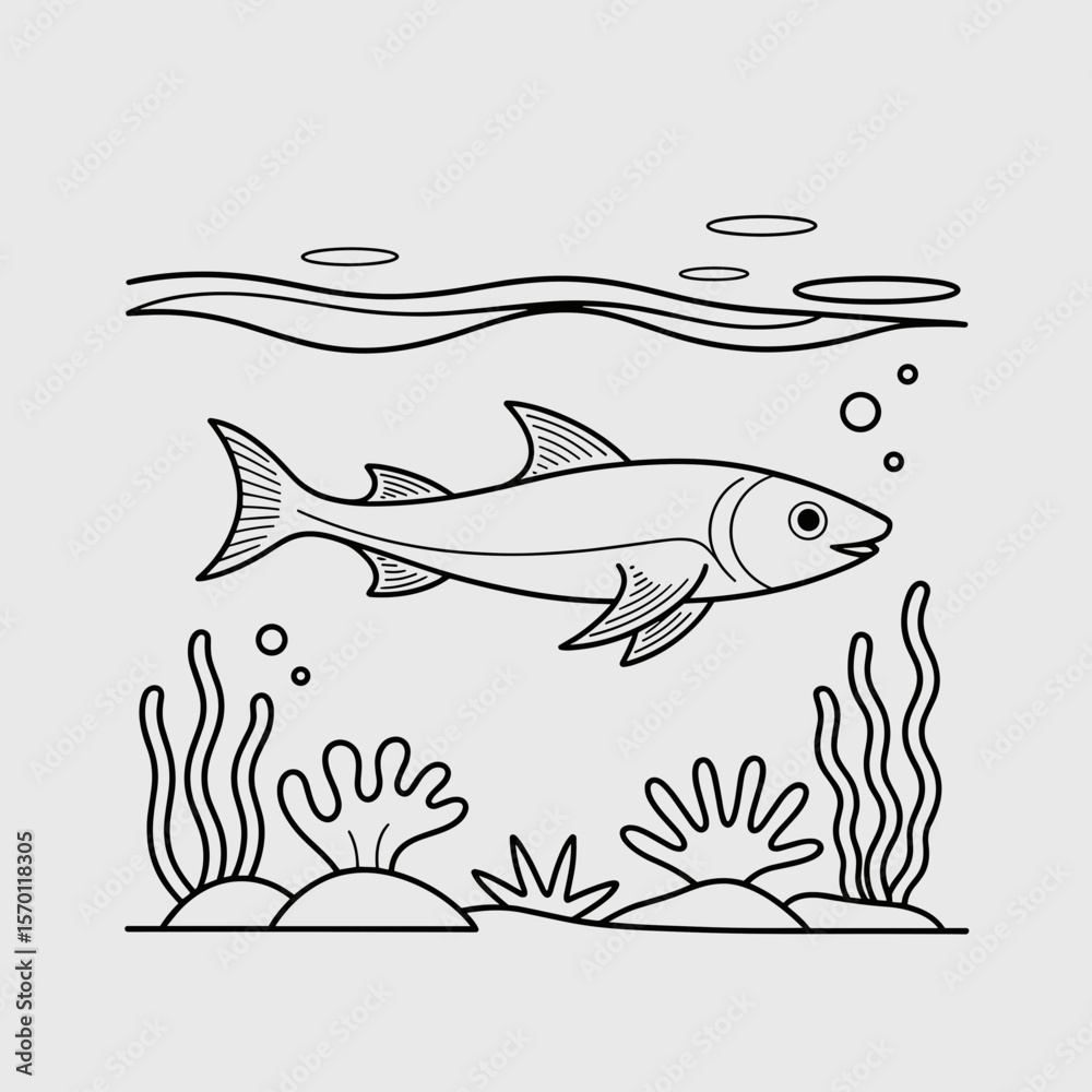 Obraz premium Line art illustration of fish swimming in underwater scene 