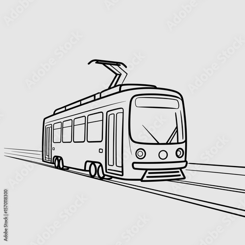 Minimalist line art of a tram on a grey background  