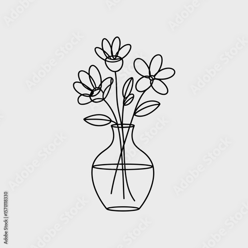 Minimalist line art vase with flowers in simple monochrome style  
