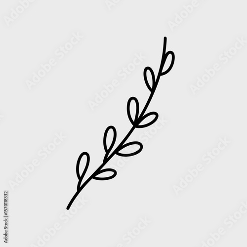 Minimalist line art of willow branch with leaves on grey background  